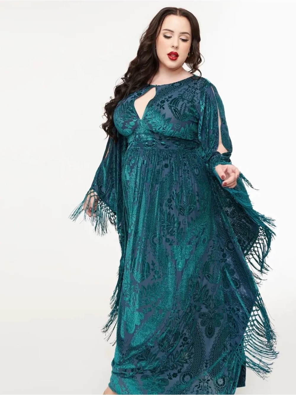 NWT Unique Vintage 1960s Velvet Emerald Floral Fringe Flutter Sleeve Caftan 1X